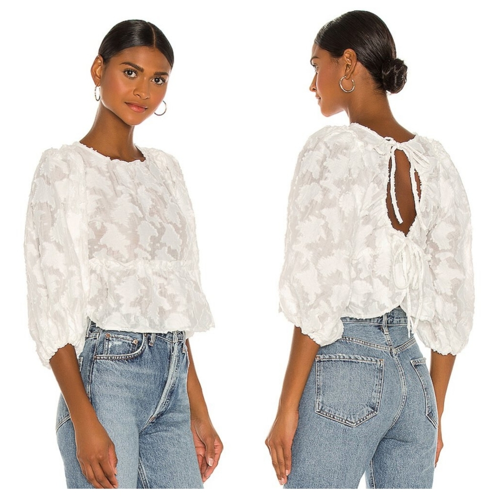 Free People White Textured Tie-Back Puff Sleeve Blouse